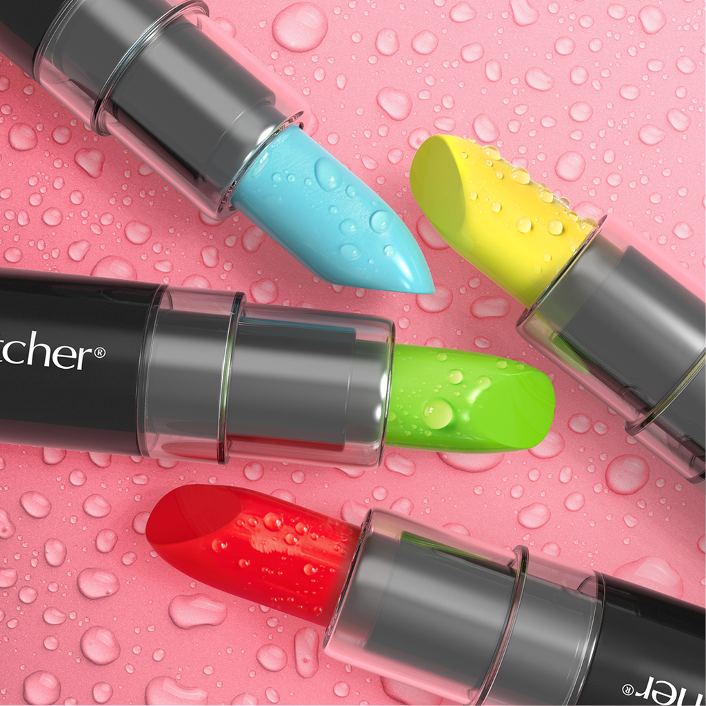 Moodmatcher lipsticks in blue, yellow, green, and red shades