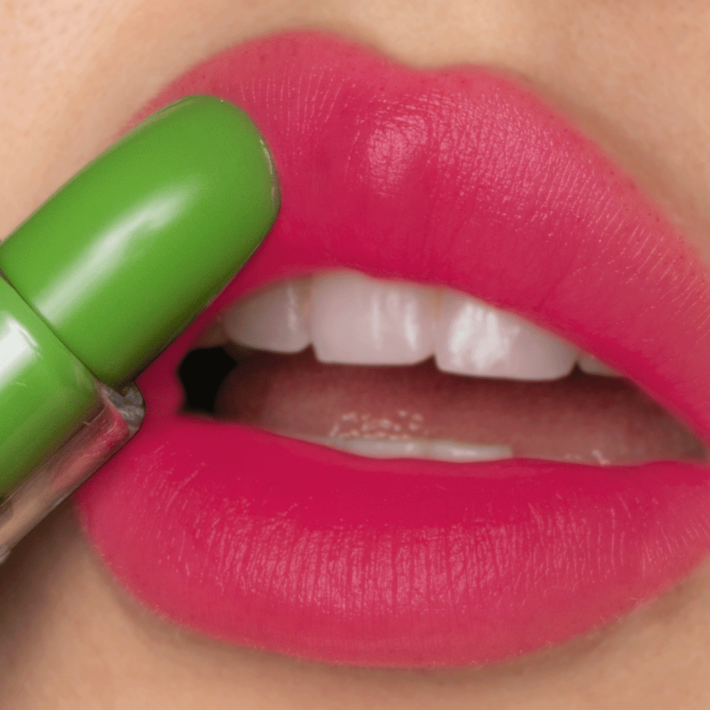 a close up of a lips with a mood matcher color changing lipstick (green to pink shade)